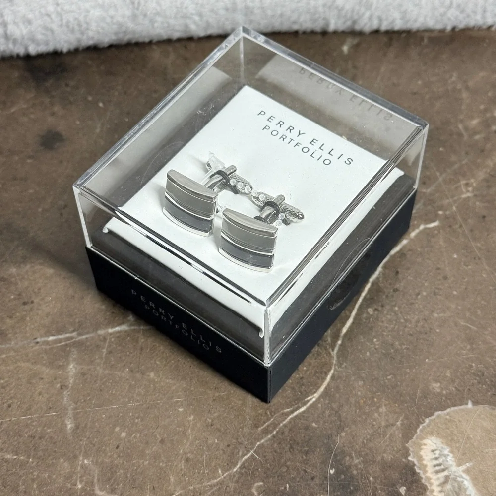 Perry Ellis Cufflinks Mens OS Silver Grey GPC0010M Portfolio Striped Rectangular